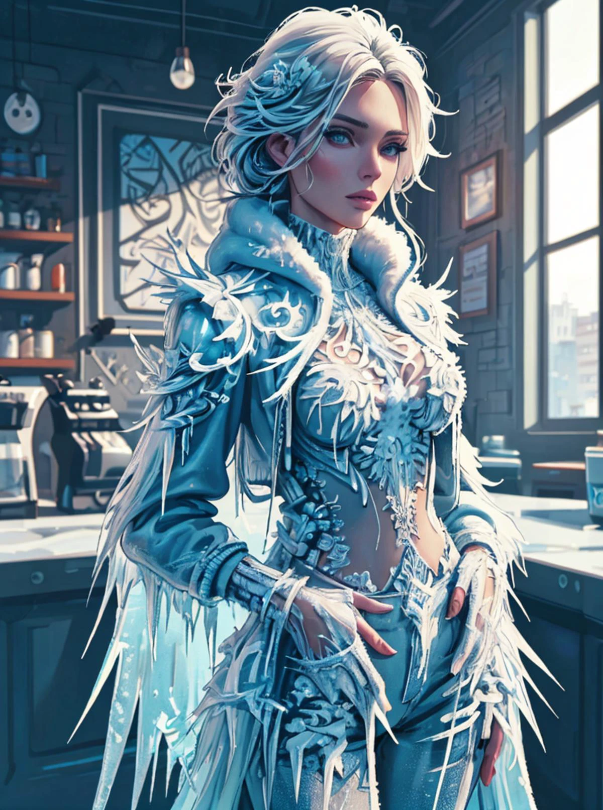 illustration, digital art, 1girl, posing, jacket made of ice and frost, IceFashion, complex coffee shop background, flat colors, painting, trends of artstation, (masterpiece:1.3)
<lora:IceFashion:0.65>
<lora:pytorch_lora_weights:0.8>, , 8k uhd, dslr, soft lighting, high quality, (intricate details:0.9), (hdr, hyperdetailed:1.2)