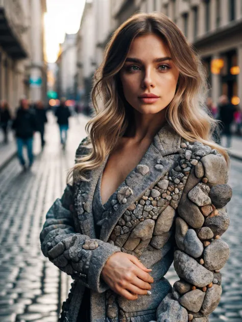 a woman in a fur coat standing on a cobblestone street