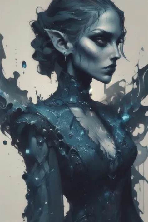 (gothic elf  girl: 1.3), tattoos, detailed background, nebula, intricate details, (upper body), masterpiece, (perfect face: 1.2) <lora:WaterFashion:0.8> waterfashion, made of blue water, water drops