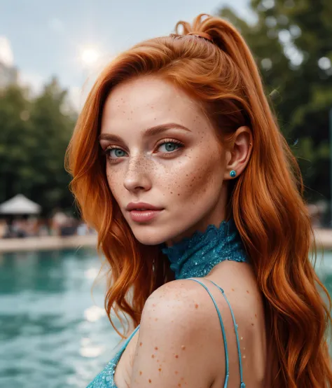 a close up of a woman with freckles and a blue dress