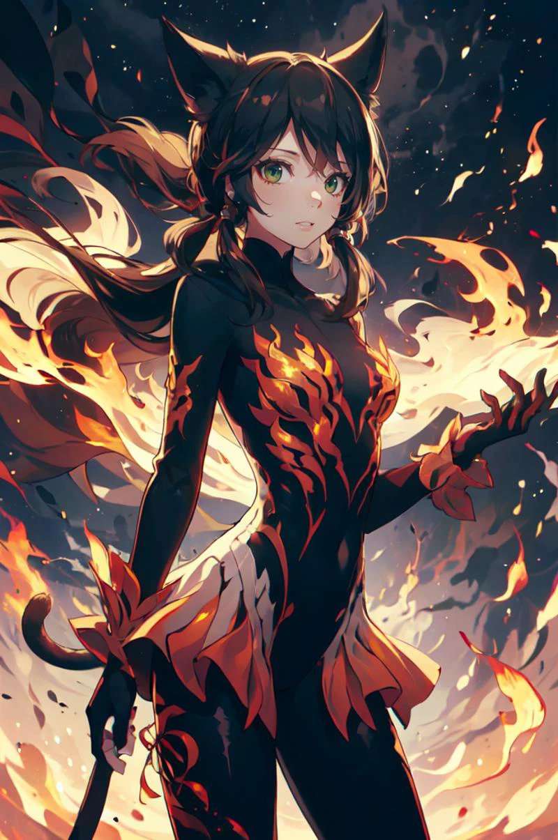 <lora:FireFashion:0.7> FireFashion, made of fire and flame, night sky, moon, <lora:RtPL-Rose:0.7> rose_(riviera), cat_ears, green_eyes, cat_tail, black_hair, cowboy shot,, ultra detailed, masterpiece, best quality,