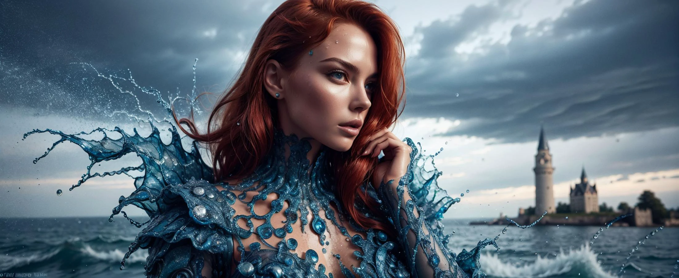 RAW photo, posing 1girl, queen of sea, red hair, (fantasy armor:1.2) made of blue water, water drops, storm, bad weather, thunderstorm, (fantasy medieval storm castle background:1.2), 8k uhd, dslr, soft lighting, high quality, film grain, rich, cinematic color grading, stunning, photorealistic, (intricate details:0.9), (hdr, hyperdetailed:1.2)
<lora:WaterFashion:0.7> waterfashion