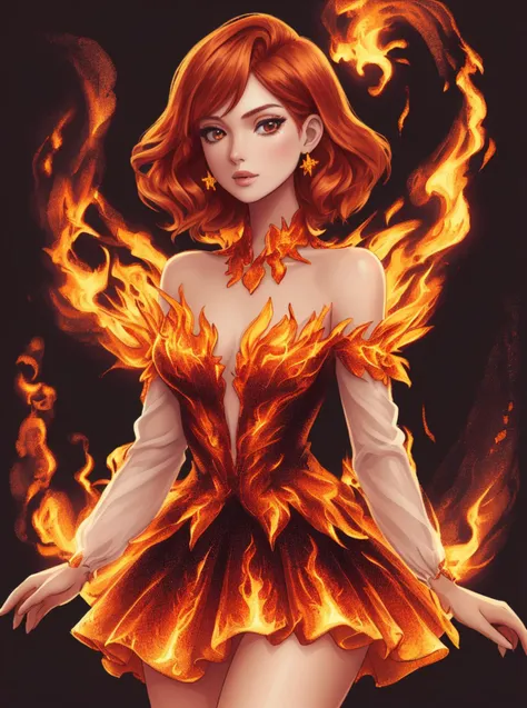 illustartion,digital art,1girl, short straight ginger hair, posing, office outfit made of fire and flame, complex park background, 
<lora:FireFashion70:0.6> FireFashion,8k uhd, high quality, (intricate details:0.9), (hdr, hyperdetailed:1.2),[cory loftis, strobist, pascal campion::0.2]