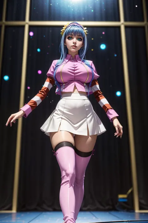 (ultra realistic,32k, masterpiece:1.2),(high detailed skin:1.1),( high quality:1.1),
<lora:Neon Nostrade:0.7>(happy:1.1),(eyeliner,long lashes, mascara:1.1),long hair, blue hair, green eyes, pink shirt, red vest, long sleeves, striped sleeves, short skirt, white skirt,thighhigh boots,, yellow hair ribbon, veiled mirage, shimmering illusions, mirage-like landscapes, realm of illusionary magic (blurry background:1.1),,(looking at viewer, standing, from below:1.1),, (huge breast,large breast:1.1),<lora:add_detail:0.86>,full body,
(neon pastel light:1.1),