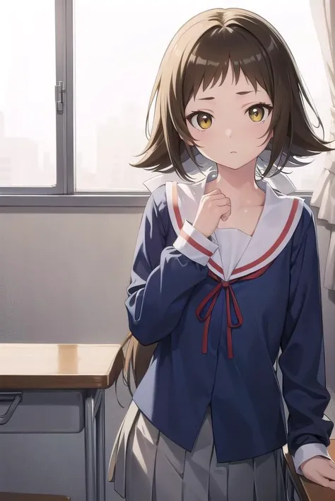 mashiromitsumine, <lora:mashiromitsumine-lora-nochekaiser:1>,
mashiro mitsumine, (brown eyes:1.5), brown hair, ponytail, (flat chest:1.2),
BREAK grey skirt, long sleeves, neck ribbon, red ribbon, ribbon, sailor collar, school uniform, skirt, white sailor collar, (blue shirt:1.5),
BREAK looking at viewer, full body,
BREAK indoors, classroom,
BREAK <lyco:GoodHands-beta2:1>, (masterpiece:1.2), best quality, high resolution, unity 8k wallpaper, (illustration:0.8), (beautiful detailed eyes:1.6), extremely detailed face, perfect lighting, extremely detailed CG, (perfect hands, perfect anatomy),
