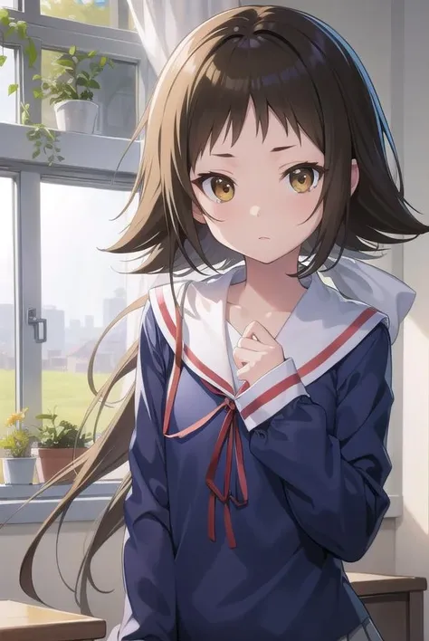 mashiromitsumine, <lora:mashiromitsumine-lora-nochekaiser:1>,
mashiro mitsumine, (brown eyes:1.5), brown hair, ponytail, (flat chest:1.2),
BREAK grey skirt, long sleeves, neck ribbon, red ribbon, ribbon, sailor collar, school uniform, skirt, white sailor collar, (blue shirt:1.5),
BREAK looking at viewer, full body,
BREAK indoors, classroom,
BREAK <lyco:GoodHands-beta2:1>, (masterpiece:1.2), best quality, high resolution, unity 8k wallpaper, (illustration:0.8), (beautiful detailed eyes:1.6), extremely detailed face, perfect lighting, extremely detailed CG, (perfect hands, perfect anatomy),