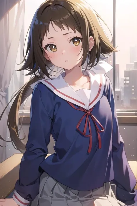 mashiromitsumine, <lora:mashiromitsumine-lora-nochekaiser:1>,
mashiro mitsumine, (brown eyes:1.5), brown hair, ponytail, (flat chest:1.2),
BREAK grey skirt, long sleeves, neck ribbon, red ribbon, ribbon, sailor collar, school uniform, skirt, white sailor collar, (blue shirt:1.5),
BREAK looking at viewer, full body,
BREAK indoors, classroom,
BREAK <lyco:GoodHands-beta2:1>, (masterpiece:1.2), best quality, high resolution, unity 8k wallpaper, (illustration:0.8), (beautiful detailed eyes:1.6), extremely detailed face, perfect lighting, extremely detailed CG, (perfect hands, perfect anatomy),