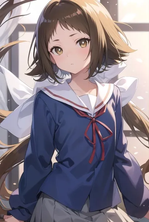 mashiromitsumine, <lora:mashiromitsumine-lora-nochekaiser:1>,
mashiro mitsumine, (brown eyes:1.5), brown hair, ponytail, (flat chest:1.2),
BREAK grey skirt, long sleeves, neck ribbon, red ribbon, ribbon, sailor collar, school uniform, skirt, white sailor collar, (blue shirt:1.5),
BREAK looking at viewer, full body,
BREAK indoors, classroom,
BREAK <lyco:GoodHands-beta2:1>, (masterpiece:1.2), best quality, high resolution, unity 8k wallpaper, (illustration:0.8), (beautiful detailed eyes:1.6), extremely detailed face, perfect lighting, extremely detailed CG, (perfect hands, perfect anatomy),