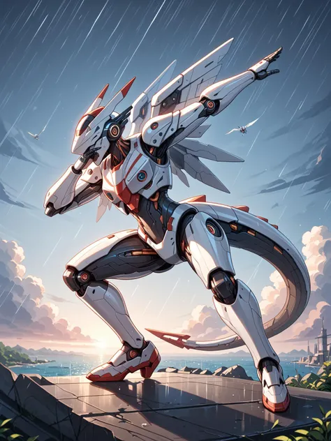 mecha,mecha musume,<lora:EPdab:0.8>,EPdabbing,outstretched arm,covered face,closed eyes,standing on one leg,standing,squatting,split,Anime girl with griffin wings and dragon tail,The hurricane's strong winds and rain caused extensive damage.,, score_9, score_8_up, score_7_up,