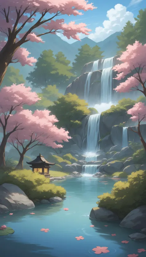 1girl,A tranquil Japanese garden featuring a koi pond, stone lanterns, and meticulously pruned bonsai trees, with the soft sound of a nearby waterfall, score_9, score_8_up, score_7_up, source_anime,