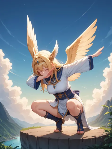 maiden,1girl,<lora:EPdab:0.8>,EPdabbing,outstretched arm,covered face,closed eyes,standing on one leg,standing,squatting,split,Hair wings,, score_9, score_8_up, score_7_up,