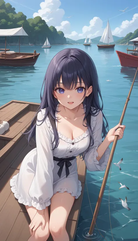 1girl,A coastal village with brightly painted houses, fishing boats bobbing in the harbor, and seagulls calling overhead, score_9, score_8_up, score_7_up, source_anime,