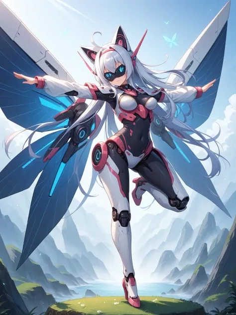 mecha,mecha musume,<lora:EPdab:0.8>,EPdabbing,outstretched arm,covered face,standing on one leg,standing,split,Female character with fairy wings and cat tail,, score_9, score_8_up, score_7_up,