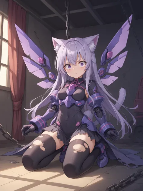 mecha musume,solo,(constricted pupils:1.2),(purple eyes:1.2),annoyed,metal wings,Paw tail,bound calves,A haunted, abandoned theater with torn curtains, broken seats, and the faint sound of an unseen audience,, score_9, score_8_up, score_7_up,