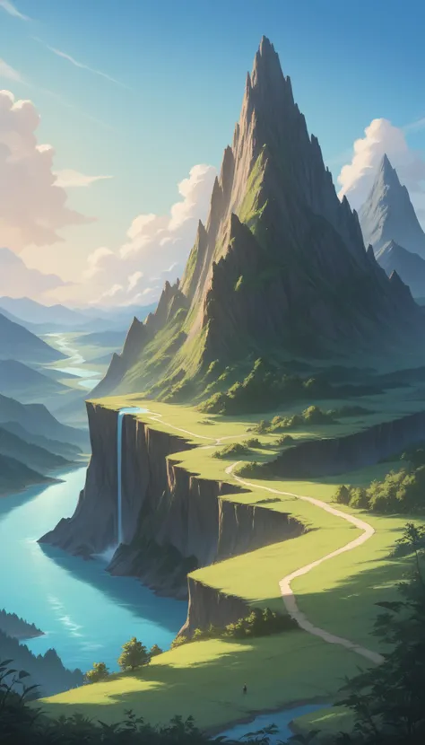 1girl,A lush, green valley surrounded by towering mountains, with a clear blue river winding through and wildflowers dotting the landscape, score_9, score_8_up, score_7_up, source_anime,