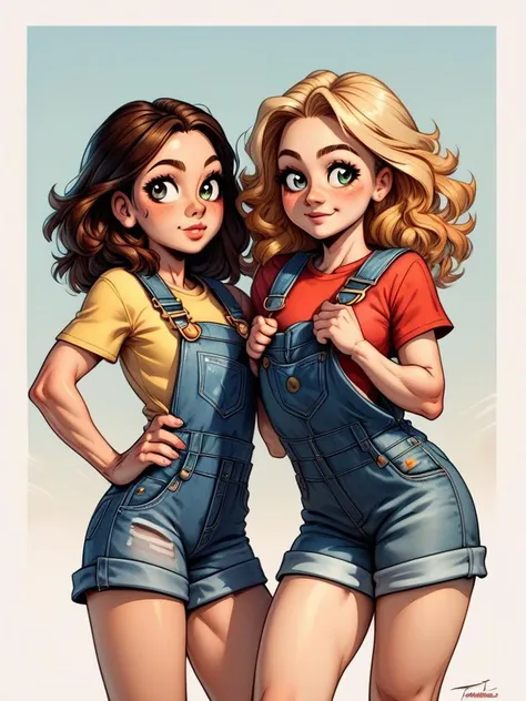 score_9, score_8_up, score_7_up, score_6_up, score_5_up, score_4_up,  <lora:Fluffy_comic_cartoon_style_Pony:1>
rating_safe, 
2 girls side by side, standing posing,  superhero costume overalls shorts,  ,