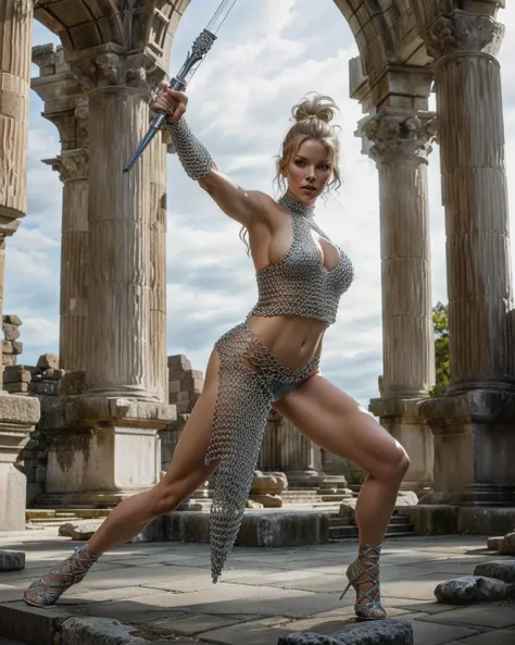 slender woman in chainmail halter top, hair in messy bun, big breasts, lunging to the camera with a saber, dynamic pose among ancient ruins <lora:chainmail:1>