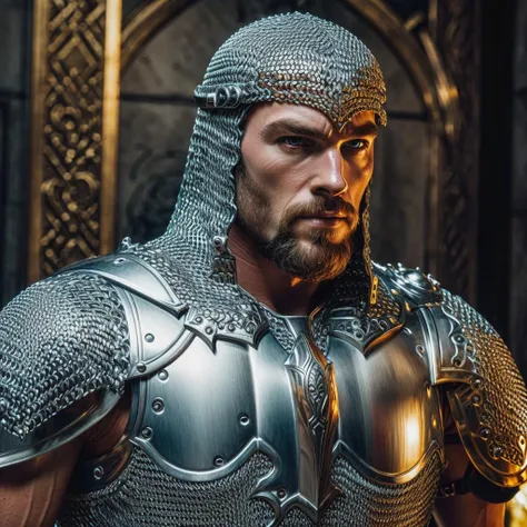 closeup of handsome knight in chainmail shirt, wrestling enemy, close in, dynamic pose, in opulent saxon hall, frightened lords and ladys in blurry background <lora:chainmail:1>