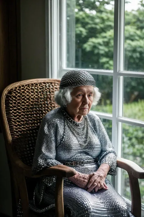 photo of a old woman, 90 years old, wearing a chainmail outfit, sitting in a rocking chair, sad and lonely, looking out a window, contemplating, realistic, (masterpiece:1.3), (best quality:1.3), beautiful, (intricate details), unity 8k wallpaper, ultra detailed, beautiful, aesthetic, perfect lighting, <lora:add_detail:0.25> <lora:chainmail:1>, wholesomegrannies