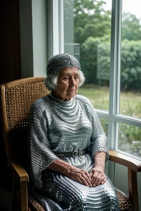 photo of a old woman, 90 years old, wearing a chainmail outfit, sitting in a rocking chair, sad and lonely, looking out a window, contemplating, realistic, (masterpiece:1.3), (best quality:1.3), beautiful, (intricate details), unity 8k wallpaper, ultra detailed, beautiful, aesthetic, perfect lighting, <lora:add_detail:0.25> <lora:chainmail:1>, wholesomegrannies