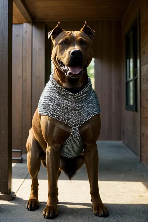 photo of a large pitbull, dog, wearing a chainmail outfit, standing on the front porch, happy and excited, realistic, (masterpiece:1.3), (best quality:1.3), beautiful, (intricate details), unity 8k wallpaper, ultra detailed, beautiful, aesthetic, perfect lighting, <lora:add_detail:0.25> <lora:chainmail:1>, no humans