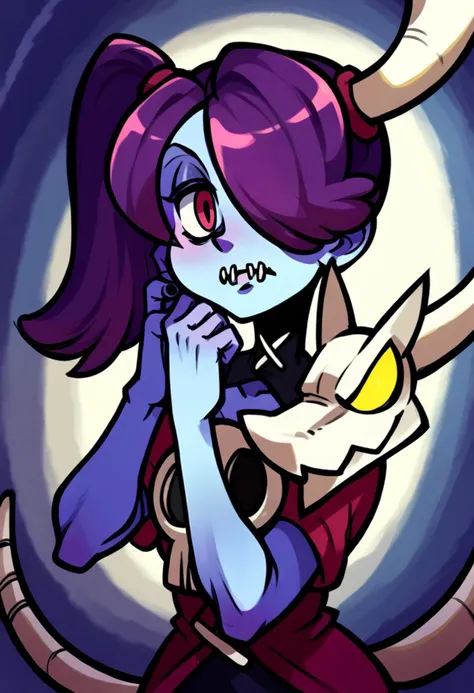 <lora:Squigly-000007:0.9> squigly, hair over one eye, stitched_mouth, side ponytail, detached collar, colored skin, skull, zombie <lora:LZG_(PDXL-LoCon)20ep+10ref:0.9> lzg, score_9, score_8_up, score_7_up, score_6_up, score_5_up, score_4_up, hd, (ultra hd quality details), 8K, 2d illustration, Hand on chin pose