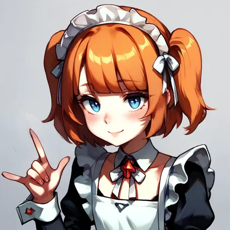 1girl,solo,small breasts,white ribbon, blue eyes, blunt bangs, blush, eyebrowns hidden by hair, eyelashes, fingernails,medium hair, motion lines, orange hair,two side up,blush,maid headdress, maid, looking at viewer, smile, grey background, simple background, apron, closed mouth,long sleeves, maid apron, spot color,stainding,holding dress,lzg
<lora:Expressive_H:1> <lora:Smooth Anime Style LoRA XL:1>  <lora:LZG_(PDXL-LoCon)20ep+10ref:1>, score_9, score_8_up, score_7_up,score_6_up, score_5_up, score_4_up,