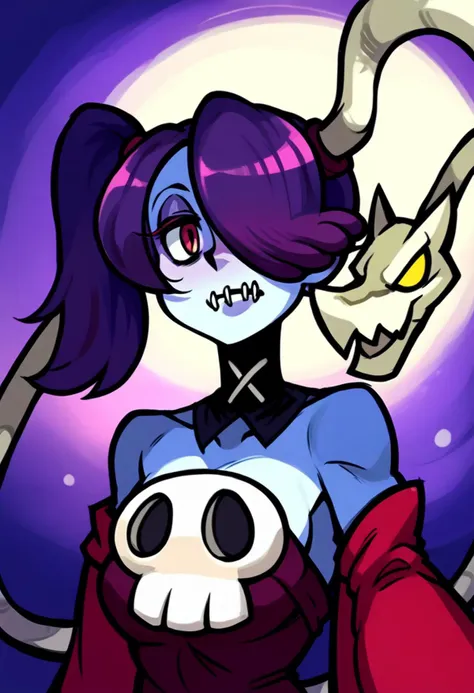 <lora:Squigly-000007:0.9> squigly, hair over one eye, stitched_mouth, side ponytail, detached collar, colored skin, skull, zombie <lora:LZG_(PDXL-LoCon)20ep+10ref:0.9> lzg, score_9, score_8_up, score_7_up, score_6_up, score_5_up, score_4_up, hd, (ultra hd quality details), 8K, 2d illustration, One hand behind the head pose