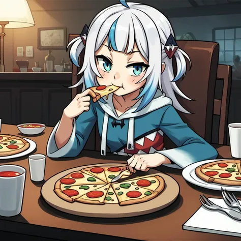 1girl, gawr_gura_(1st_costume), ho****ve,  sitting, looking at viewer, eating, pizza, plate, fork, knife, table, chair, table, restaurant, hoodie, cinematic angle, cinematic lighting, masterpiece, best quality
 <lora:Lab-Zero-game_Lora(PonyXL)captions2-000010:1.23>, anime artwork in lzg style, score_9, score_8_up, score_7_up, score_6_up, score_5_up, score_4_up