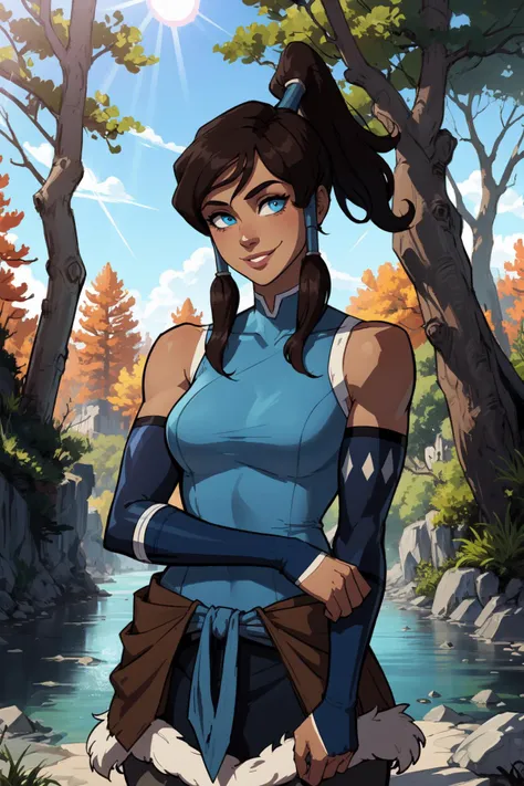 1girl, (solo:1.2), (jumping:1.3), (mid air:1.3), (cowboy shot:1.5), smile, happy, (masterpiece:1.3), (best quality:1.3), (perfect anatomy:1.4), highly detailed, <lora:Korra [Konan - v2.0]:0.8> korra, long hair, (brown hair:1.2), black hair, blue eyes, ponytail, dark skin, dark-skinned female, topknot, (hair tubes:1.4), fur-trimmed jacket around waist, (blue halterneck top:1.3), armlet, vambraces, (bare shoulders:1.3), (arm_warmers:1.3), sleeveless, (secluded river scenery:1.2), (sunlight through trees:1.3), daylight,natural rock formations, nature,, <lora:ThiccwithaQ [MockAi - v1.0]:0.8> nyantcha, expressive faces, anime-inspired, (cell shading:1.2)