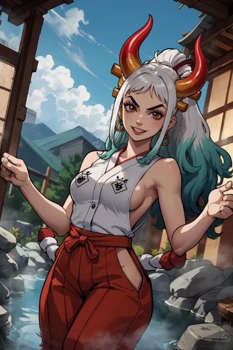 1girl, (solo:1.2), (jumping:1.3), (mid air:1.3), (cowboy shot:1.5), smile, happy, (masterpiece:1.3), (best quality:1.3), (perfect anatomy:1.4), highly detailed, <lora:Yamato [yamatochan - v1.2]:0.6>, <lora:Yamato [nochekaiser881 - v1.0]:0.8>,  yamatowanpi, yamato \(one piece\), yamato, ahoge, aqua hair, (brown eyes:1.5), curled horns, earrings, green hair, grey hair, hair ornament, hair stick, high ponytail, horns, long hair, multicolored hair, multicolored horns, oni, red horns, shimenawa, sidelocks, v-shaped eyebrows, (thick black eyebrows:1.4), very long hair, bare arms, bare shoulders, (red hakama pants:1.5), japanese clothes, rope, shimenawa, sideboob, sleeveless, (sleeveless kimono:1.4),, (onsen:1.5), partially submerged:1.2), (wet hair:1.2), (natural stone flooring:1.1), bamboo, steamy,, <lora:ThiccwithaQ [MockAi - v1.0]:0.8> nyantcha, expressive faces, anime-inspired, (cell shading:1.2)