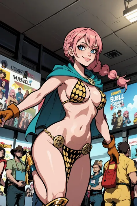 1girl, (solo:1.2), (jumping:1.3), (mid air:1.3), (cowboy shot:1.5), smile, happy, (masterpiece:1.3), (best quality:1.3), (perfect anatomy:1.4), highly detailed, <lora:Rebecca [Kyros - v1.0]:0.7>, <lora:Rebecca [FrogTheJam - v1.0]:0.175>, RebeccaOP, braid, pink hair, long_hair, navel, bikini armor, armor, cape, gloves, single_braid, brown gloves, boots, pelvic_curtain, midriff,, (comic convention:1.5), (inside:1.3), high ceiling, crowded,, <lora:ThiccwithaQ [MockAi - v1.0]:0.8> nyantcha, expressive faces, anime-inspired, (cell shading:1.2)