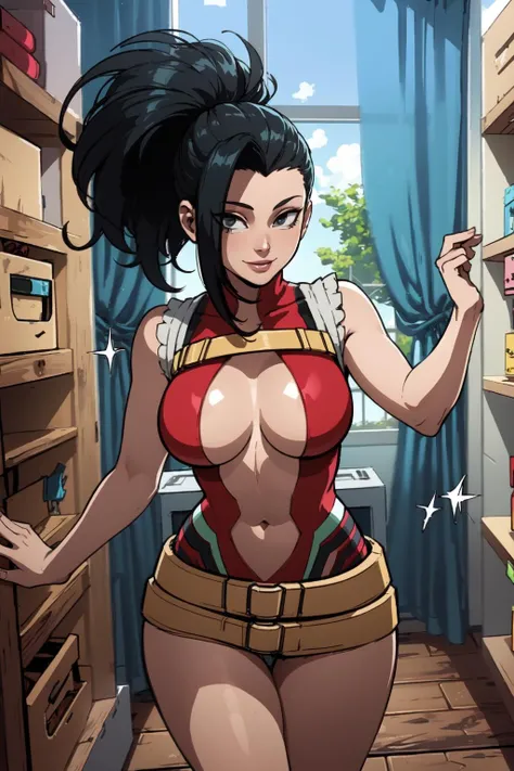 1girl, (solo:1.2), (jumping:1.3), (mid air:1.3), (cowboy shot:1.5), smile, happy, (masterpiece:1.3), (best quality:1.3), (perfect anatomy:1.4), highly detailed, <lora:Yaoyorozu Momo [h_madoka - v1.0]:0.8> yaoyorozu momo, black hair, ponytail, hair pulled back, black eyes, large breasts, red leotard, (navel cutout:1.2), bare arms, bare legs, belt, (changing room:1.4), (curtains:1.2), inside, well lit, high fashion store, cloth hanger, (wooden chaning room stall:1.2),, <lora:ThiccwithaQ [MockAi - v1.0]:0.8> nyantcha, expressive faces, anime-inspired, (cell shading:1.2)