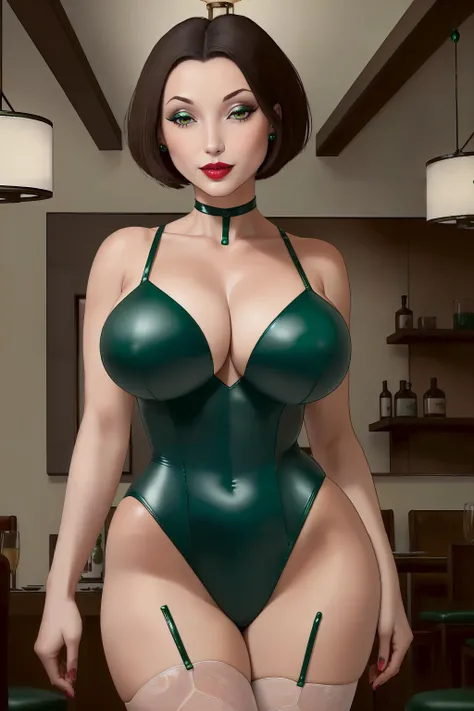 ((masterpiece, best quality, ultra-detailed, ultra-HD, photorealistic, cinematic)), ((alluring female model)), perfect body, voluptuous body, perfect anatomy, perfect face, perfect hands, large cleavage, round ass, round legs, (contemporary emerald green evening gown with asymmetrical cut), (auburn hair, sophisticated low bun), (statement emerald earrings and a matching clutch), (gradient background), (medium shot:1.5), (sensual pose)