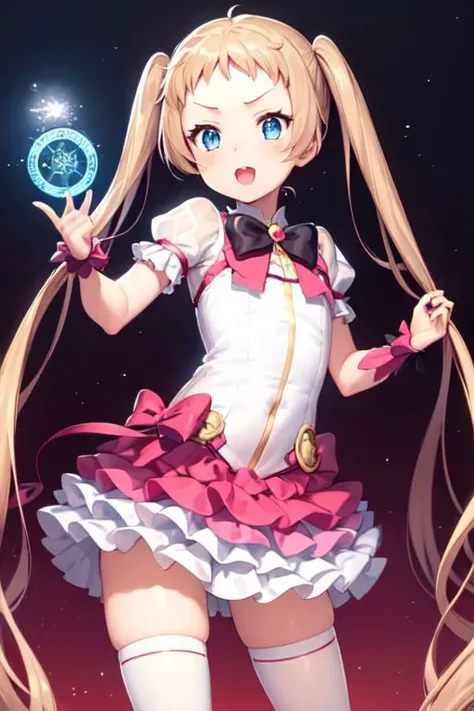 masterpiece, best quality, (little girl:1.3) , magical girl, magical girl clothes, magic circle, dark magical circle,
twintails,very long hair, blue eyes, blonde hair, standing
<lora:TSZM:1>