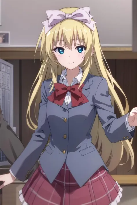 mafuyushiina, <lora:mafuyu shiina s2-lora-nochekaiser:1>,
mafuyu shiina, long hair, blue eyes, blonde hair, bow, hair bow, bowtie, smile,
BREAK skirt, school uniform, plaid, plaid skirt, shirt, white shirt, collared shirt, jacket, long sleeves, black jacket,
BREAK indoors, classroom,
BREAK looking at viewer, (cowboy shot:1.5),
BREAK <lyco:GoodHands-beta2:1>, (masterpiece:1.2), best quality, high resolution, unity 8k wallpaper, (illustration:0.8), (beautiful detailed eyes:1.6), extremely detailed face, perfect lighting, extremely detailed CG, (perfect hands, perfect anatomy),