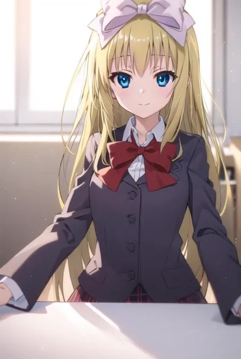 mafuyushiina, <lora:mafuyu shiina s2-lora-nochekaiser:1>,
mafuyu shiina, long hair, blue eyes, blonde hair, bow, hair bow, bowtie, smile,
BREAK skirt, school uniform, plaid, plaid skirt, shirt, white shirt, collared shirt, jacket, long sleeves, black jacket,
BREAK indoors, classroom,
BREAK looking at viewer, (cowboy shot:1.5),
BREAK <lyco:GoodHands-beta2:1>, (masterpiece:1.2), best quality, high resolution, unity 8k wallpaper, (illustration:0.8), (beautiful detailed eyes:1.6), extremely detailed face, perfect lighting, extremely detailed CG, (perfect hands, perfect anatomy),