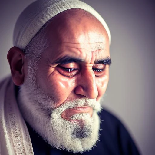 Bearded old man, handsome, rugged, sadness + crying, Arabic, award-winning photography, nikon d750 islamicdiffusion