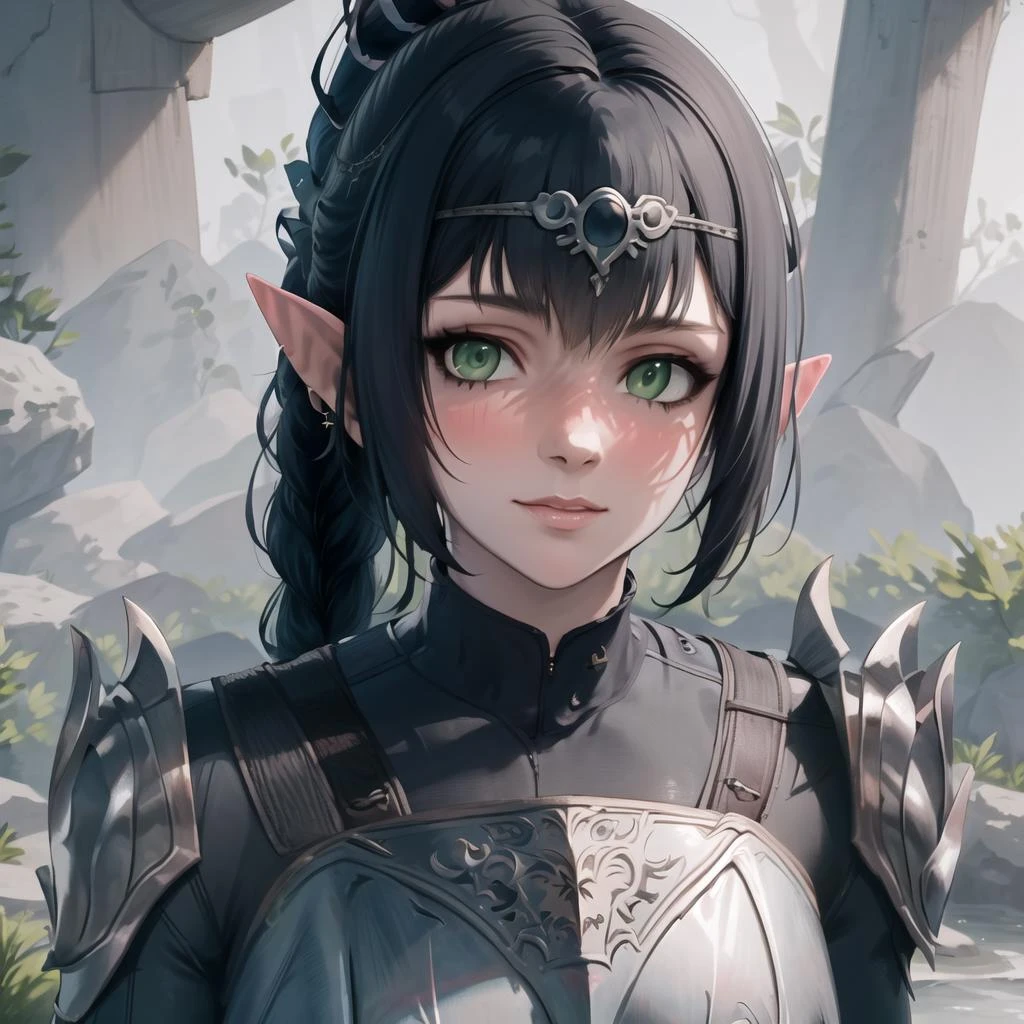masterpiece, best quality, high res, (1girl), (Shadowheart), armor, Black hair, Pointy ears, Bangs, Circlet, Ponytail, Green eyes, Braid, Elf, looking at viewer, <lora:GoodHands-beta2:1> <lora:Shadowheart-BG3-10:.8>