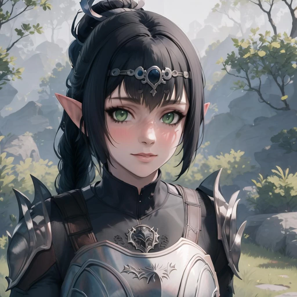 masterpiece, best quality, high res, (1girl), (Shadowheart), armor, Black hair, Pointy ears, Bangs, Circlet, Ponytail, Green eyes, Braid, Elf, looking at viewer, <lora:GoodHands-beta2:1>  <lora:Shadowheart-BG3-10:.8>