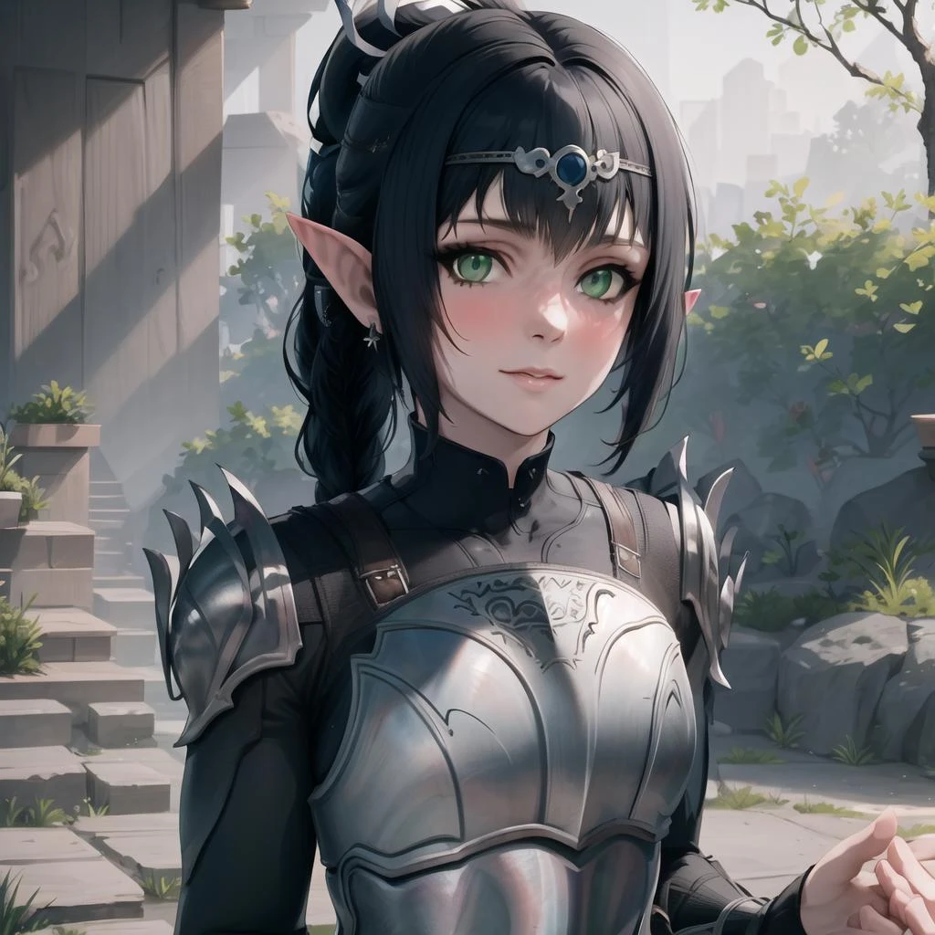 masterpiece, best quality, high res, (1girl), (Shadowheart), armor, Black hair, Pointy ears, Bangs, Circlet, Ponytail, Green eyes, Braid, Elf, looking at viewer, <lora:GoodHands-beta2:1> <lora:Shadowheart-BG3-10:.8>