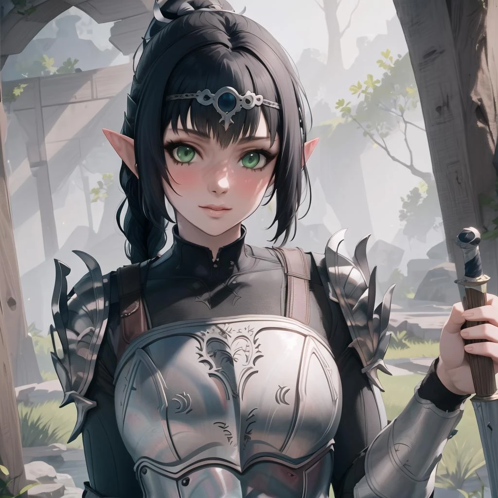 masterpiece, best quality, high res, (1girl), (Shadowheart), armor, Black hair, Pointy ears, Bangs, Circlet, Ponytail, Green eyes, Braid, Elf, looking at viewer, <lora:GoodHands-beta2:1>  <lora:Shadowheart-BG3-10:.8>
