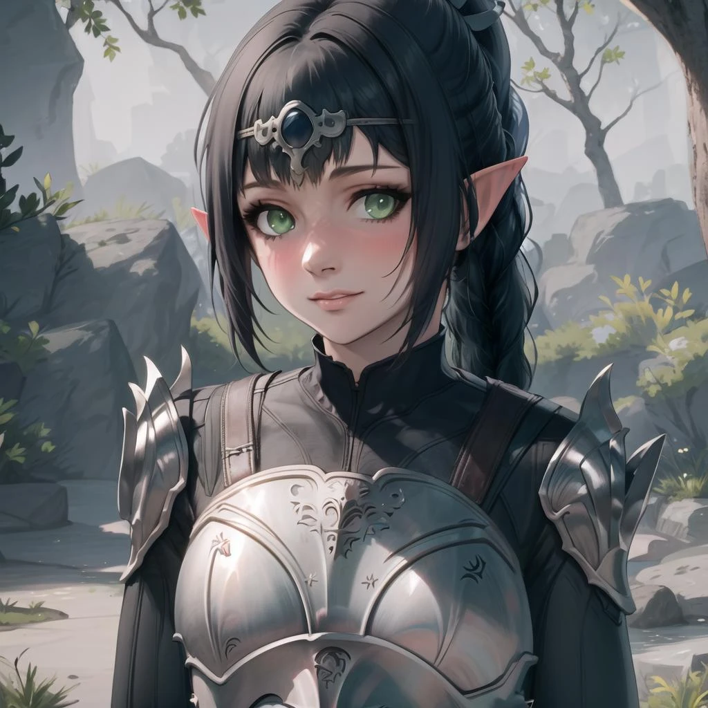 masterpiece, best quality, high res, (1girl), (Shadowheart), armor, Black hair, Pointy ears, Bangs, Circlet, Ponytail, Green eyes, Braid, Elf, looking at viewer, <lora:GoodHands-beta2:1> <lora:Shadowheart-BG3-10:.8>
