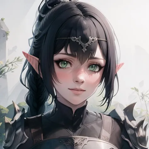 masterpiece, best quality, high res, (1girl), (Shadowheart), armor, Black hair, Pointy ears, Bangs, Circlet, Ponytail, Green eyes, Braid, Elf, looking at viewer, <lora:GoodHands-beta2:1> <lora:Shadowheart-BG3-10:.8>