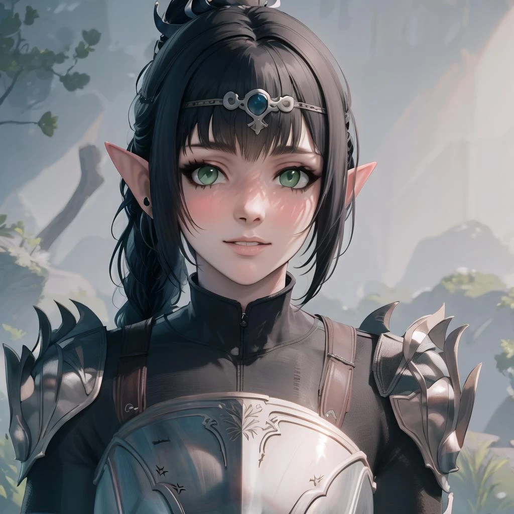masterpiece, best quality, high res, (1girl), (Shadowheart), armor, Black hair, Pointy ears, Bangs, Circlet, Ponytail, Green eyes, Braid, Elf, looking at viewer, <lora:GoodHands-beta2:1> <lora:Shadowheart-BG3-10:.8>