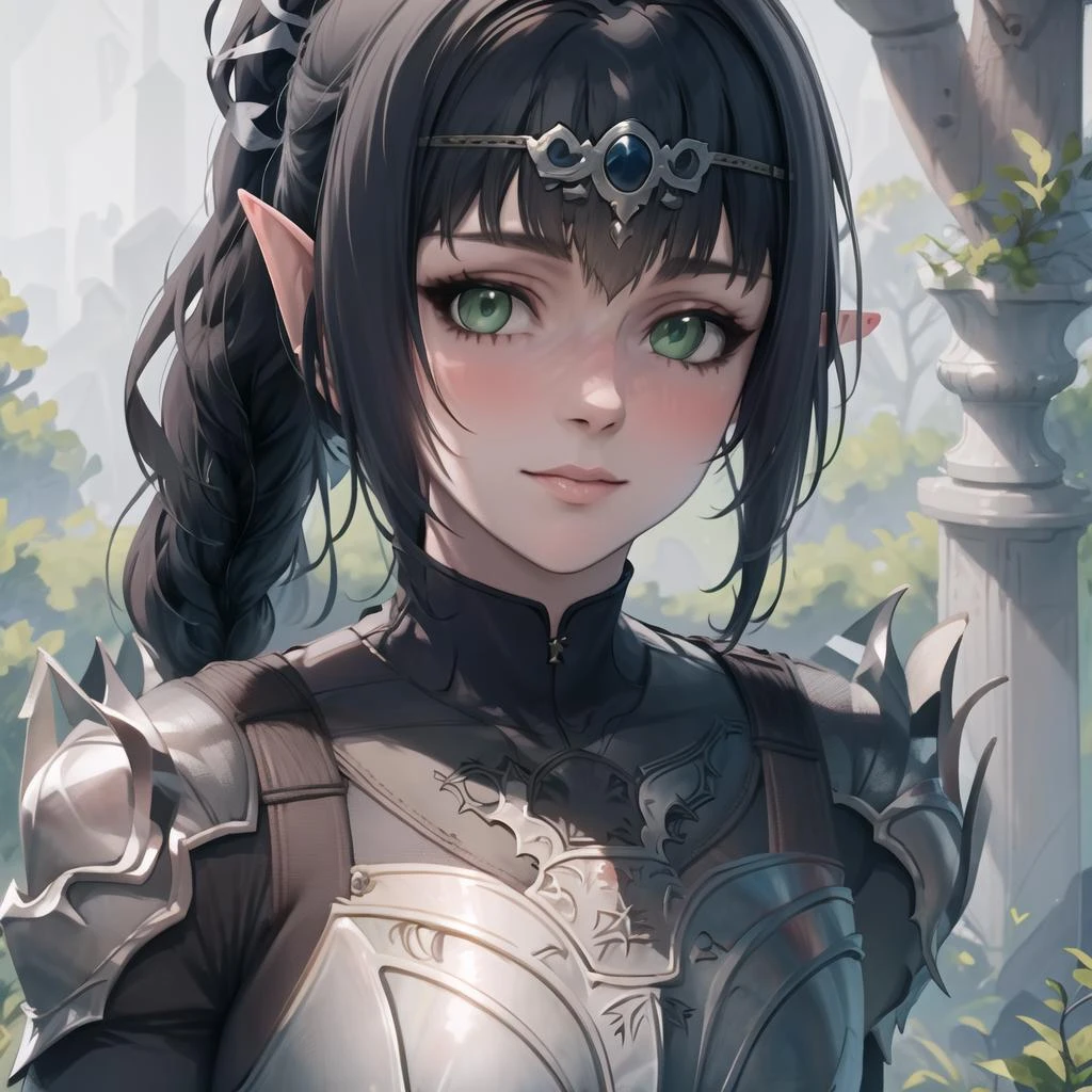 masterpiece, best quality, high res, (1girl), (Shadowheart), armor, Black hair, Pointy ears, Bangs, Circlet, Ponytail, Green eyes, Braid, Elf, looking at viewer, <lora:GoodHands-beta2:1>  <lora:Shadowheart-BG3-10:.8>