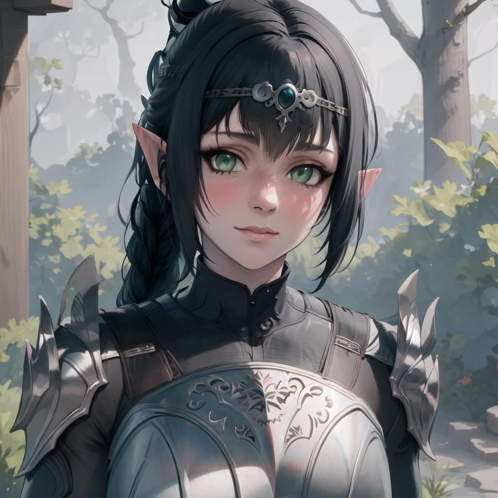 masterpiece, best quality, high res, (1girl), (Shadowheart), armor, Black hair, Pointy ears, Bangs, Circlet, Ponytail, Green eyes, Braid, Elf, looking at viewer, <lora:GoodHands-beta2:1> <lora:Shadowheart-BG3-10:.8>