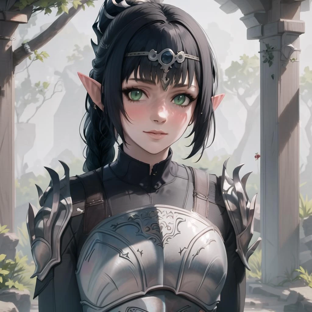masterpiece, best quality, high res, (1girl), (Shadowheart), armor, Black hair, Pointy ears, Bangs, Circlet, Ponytail, Green eyes, Braid, Elf, looking at viewer, <lora:GoodHands-beta2:1> <lora:Shadowheart-BG3-10:.8>