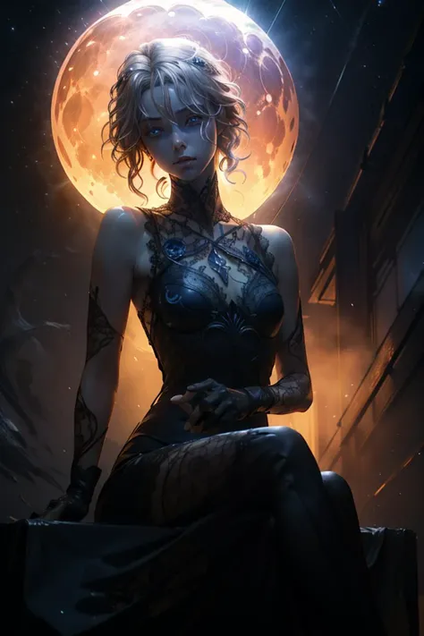 ultra realistic 8k cg, masterpiece, ((ultra detailed background, delicate pattern, intricate detail)), sitting, formal, serious, (displeased:1.5, anrgy, upset, head tilt, glowing red eye), queen, goddess, divine, cursed, dark fantasy, (hair over one eye), (((malevolent shrine, dark water, night, red moon, ))), night, (dark environment), silver hair blue eyes, wavy short hair, gloves made of silk lace, looking at viewer, small breasts, lace, lace trim, lace-trimmed legwear, <lora:luminous body:0.8>, <lora:DarkIncursioStyle:0.7> <lora:br_max:0.4>