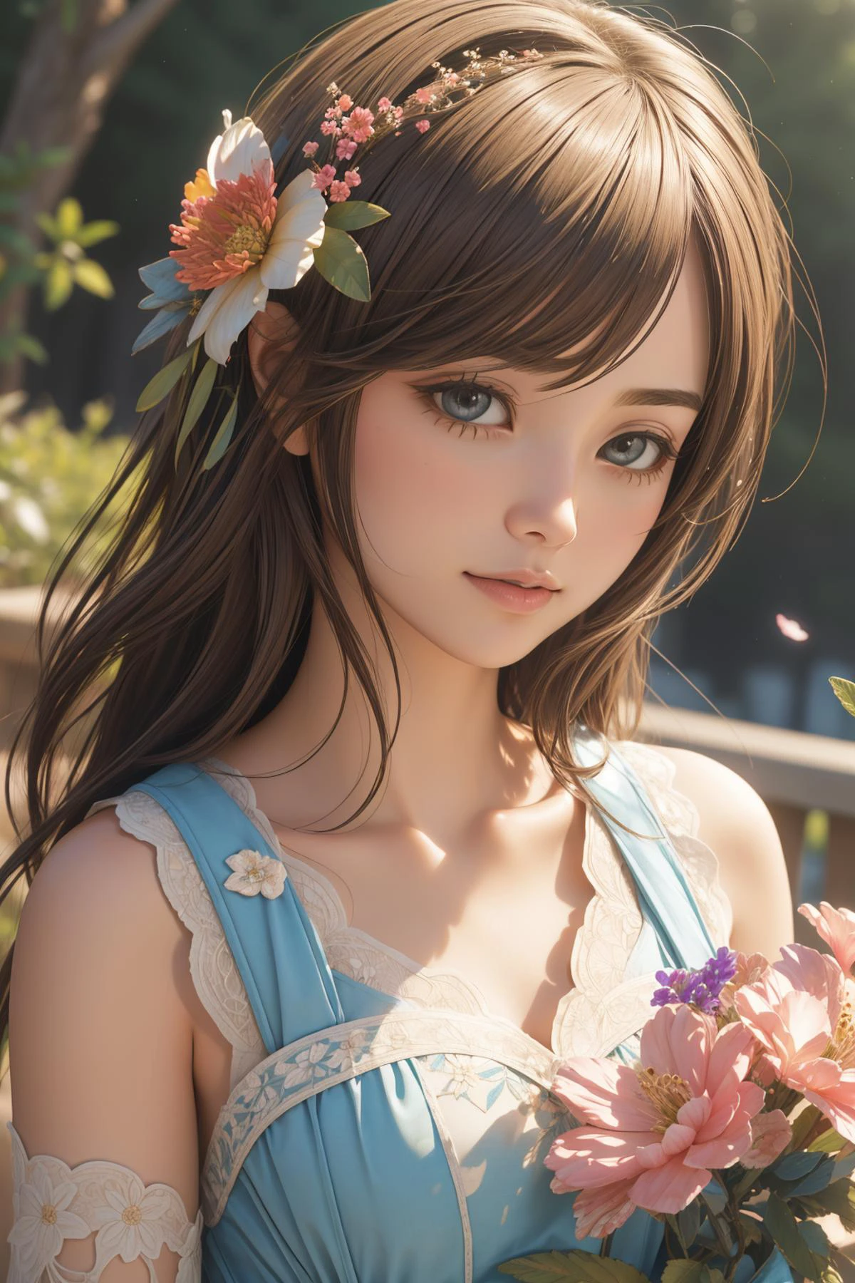 1girl, (art by Joanna Bauck:0.7) , grand portrait, Proud, close up of a Pixiecore Airy Indigo and Coral ("In the symphony of growth, we bloom and evolve, shedding the old to make way for new beginnings.":1.3) , near Tangible Laboratory, Dreadful water and flowers, at Midday, Bokeh, Maximalist, Angry, Impasto, split lighting, Selective focus, Oversaturated, Decoupage, Swirling, lots of details, extremely detailed CG Unity 8k wallpaper